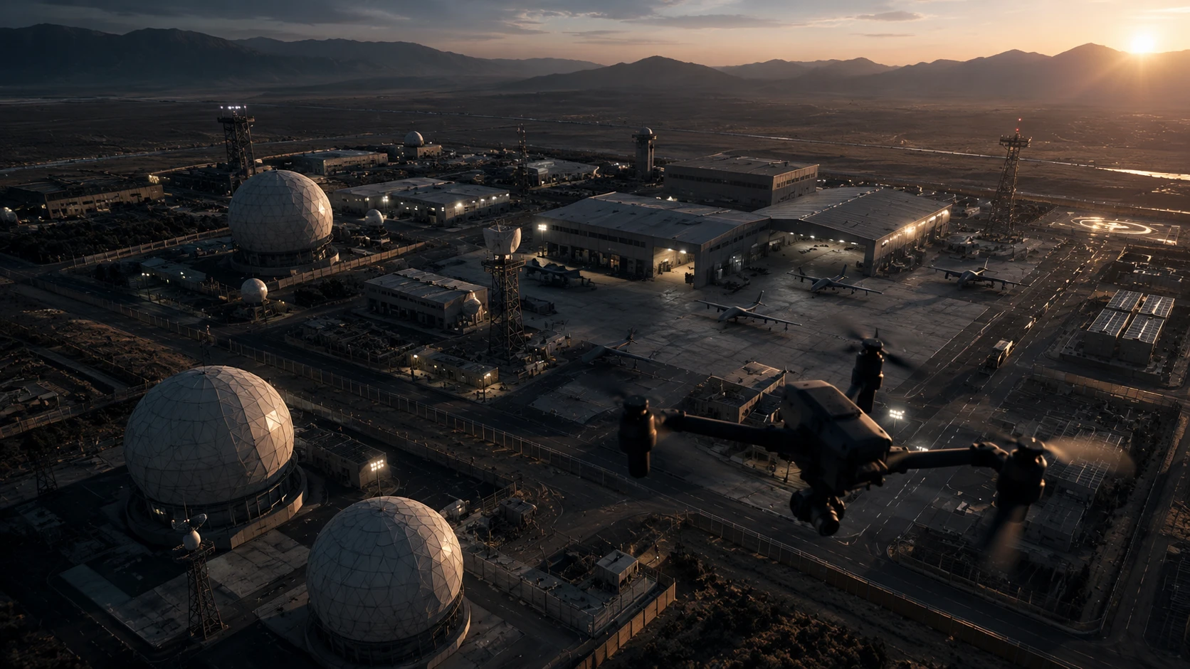 Aerial view at sunset of a defence installation with radar domes, hangars and parked aircraft, with a drone flying in the foreground.