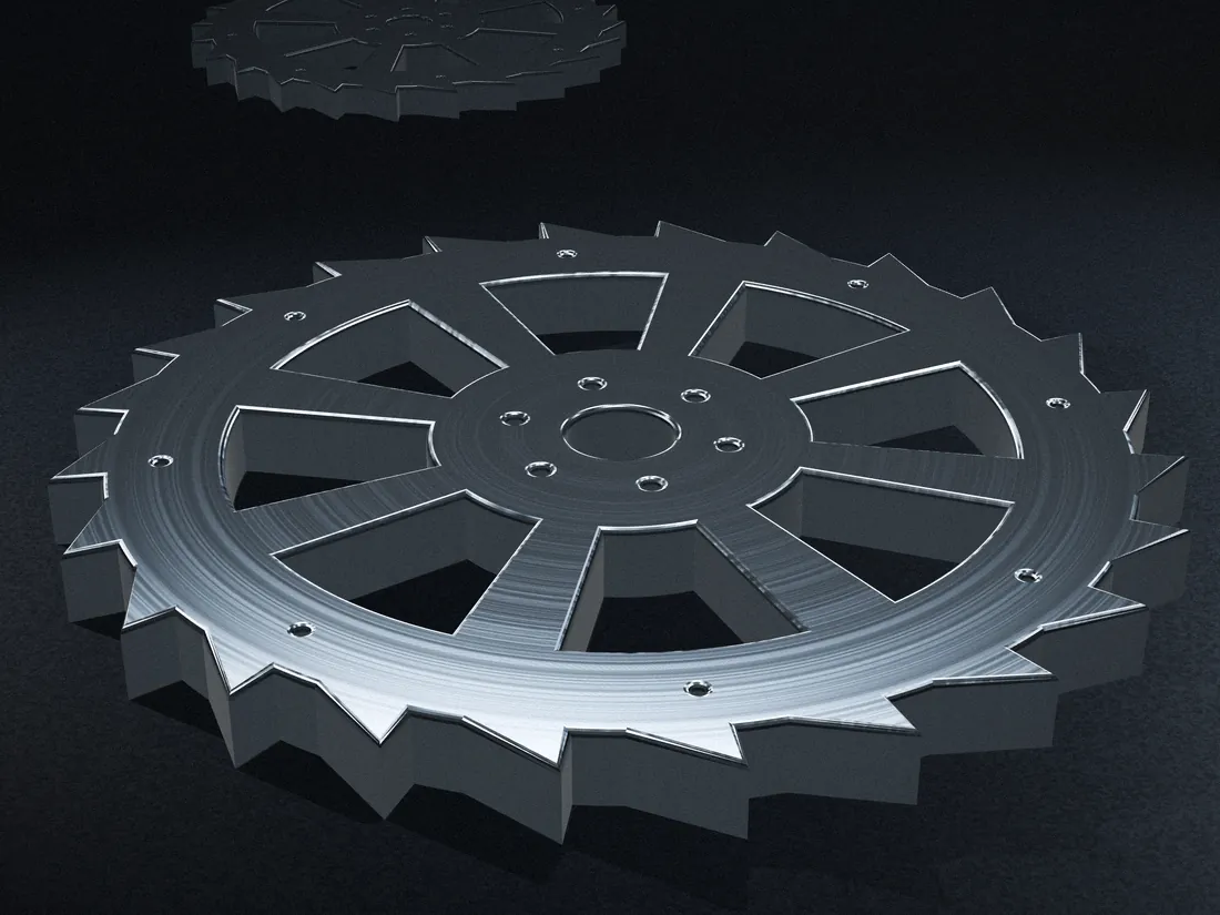 Concept render of a precision-machined aluminium part in the shape of the Chakra mark.