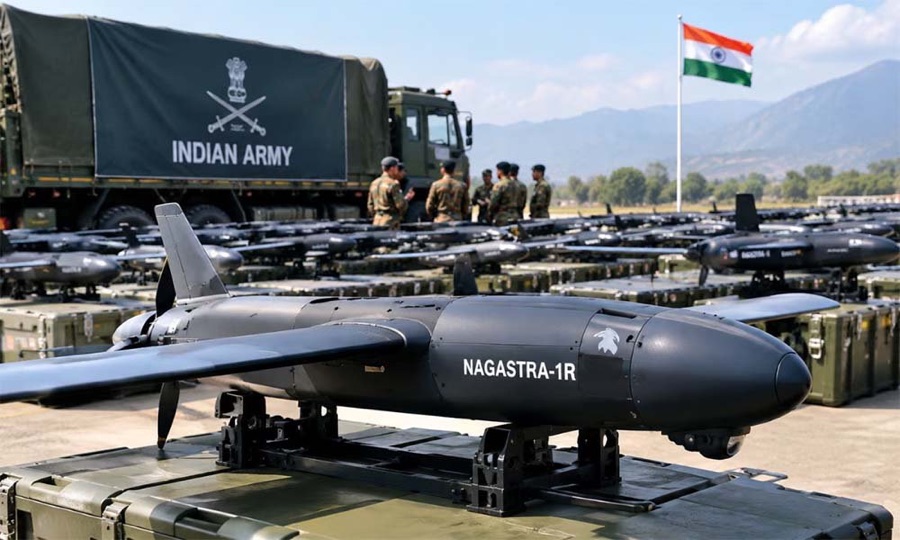 Nagastra-1R loitering munitions lined up beside an Indian Army truck.
