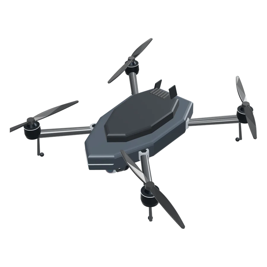Concept 3D model of a quadrotor drone with carbon arms and an under-nose sensor gimbal.