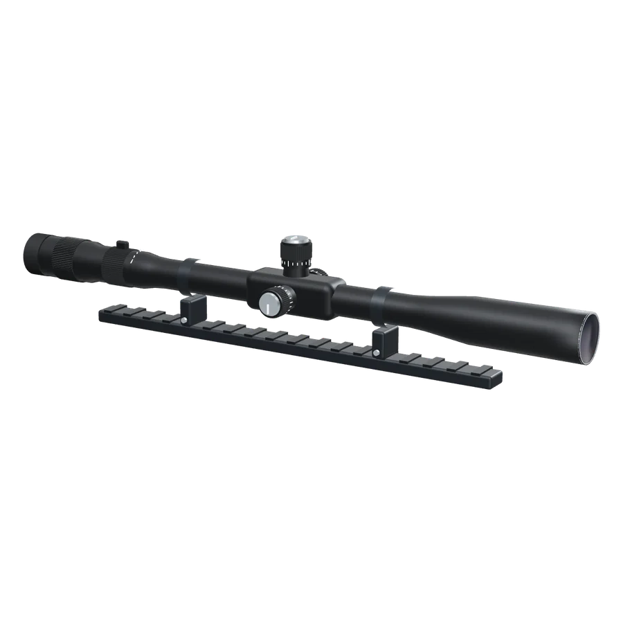 Concept 3D model of a riflescope with elevation and windage turrets, mounted in two rings on a rail.